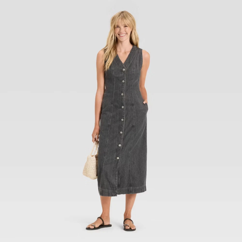 Universal Thread Denim Button Down Ankle Dress Womens Size 6 Black Wash